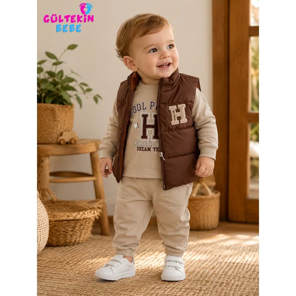 Aydino Baby H Nakışlı Erkek Yelekli Üçlü Takım 9-24 Aylık -BA1842380 - KAHVERENGİ