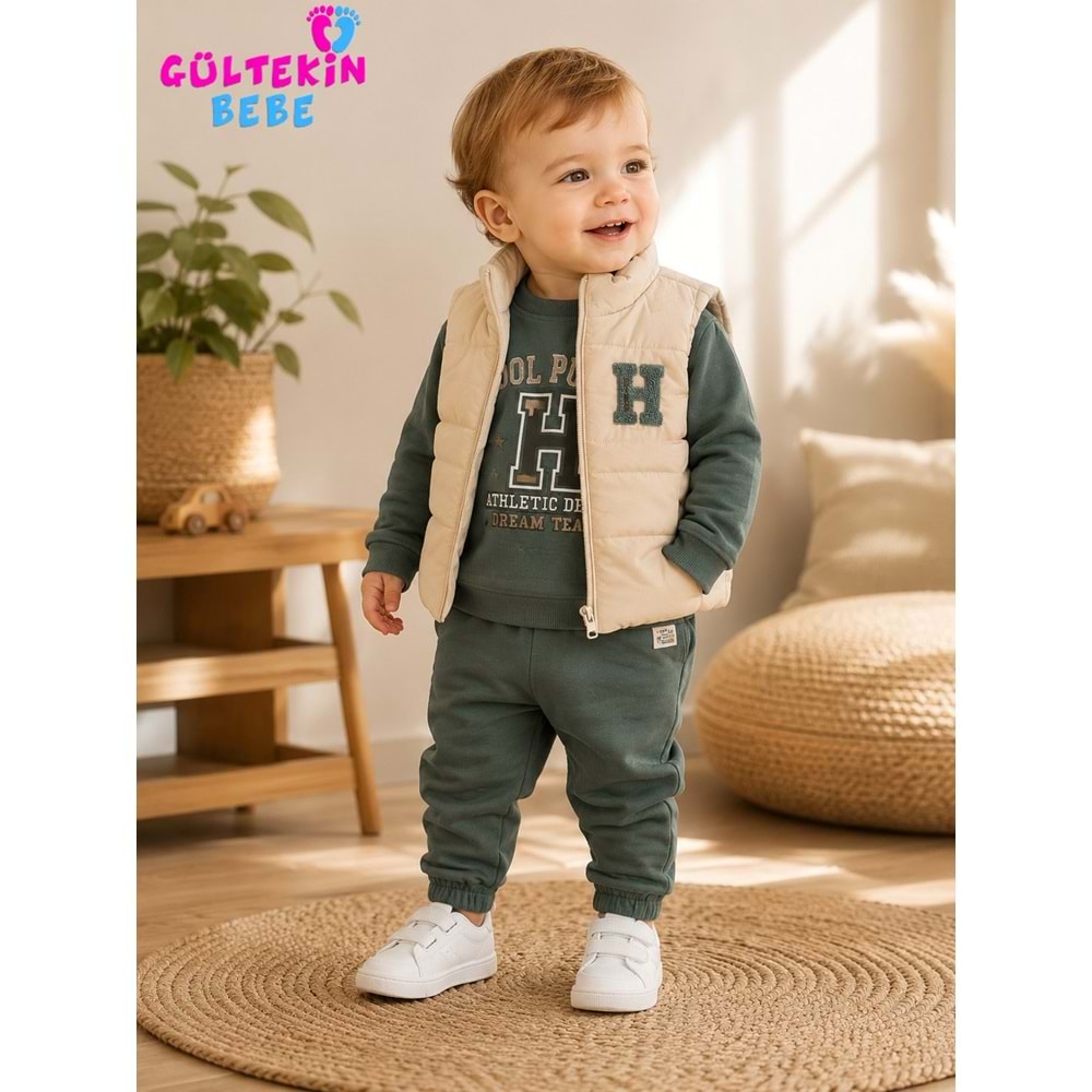 Aydino Baby H Nakışlı Erkek Yelekli Üçlü Takım 9-24 Aylık -BA1842380 - YEŞİL