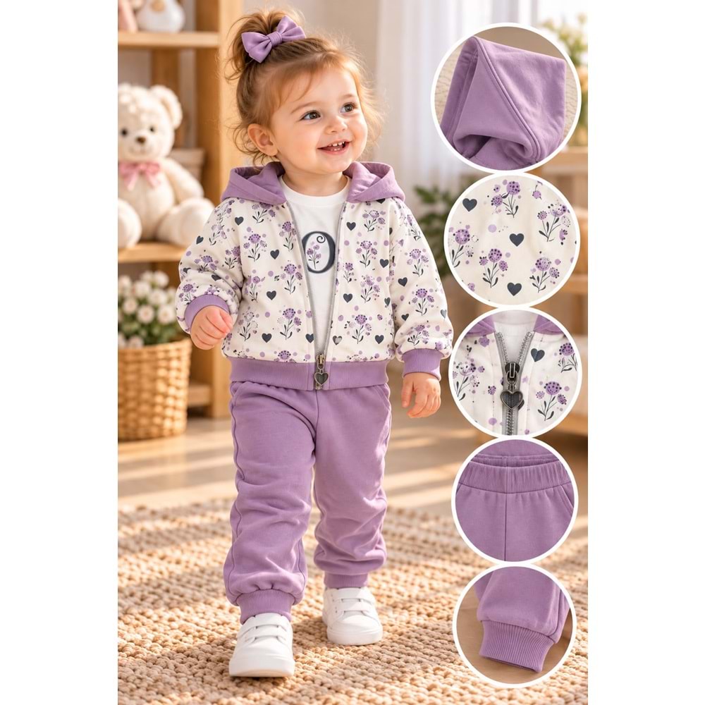 Babywood Love Baskılı Kız Üçlü Takım 9-24 Aylık -DÜ26761331 - MOR