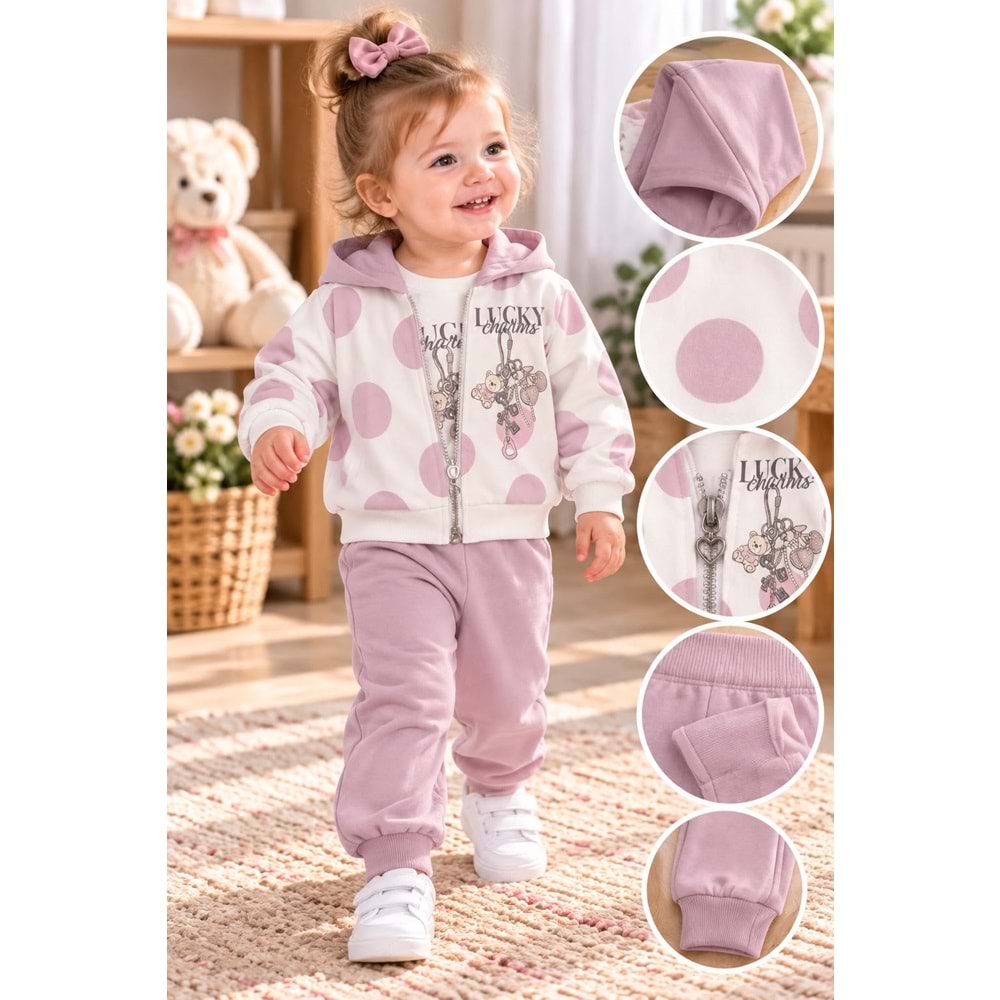 Babywood Lucky Baskılı Kız Üçlü Takım 9-24 Aylık -DÜ26760331 - GÜL KURUSU