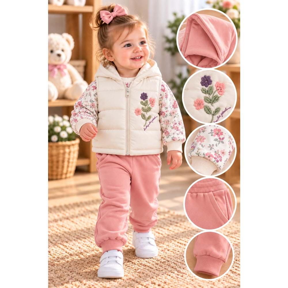 Baby Hi Süzine Çiçekli Şişme Yelekli Kız Üçlü Takım 9-18 Aylık -DÜ672342 - SOMON