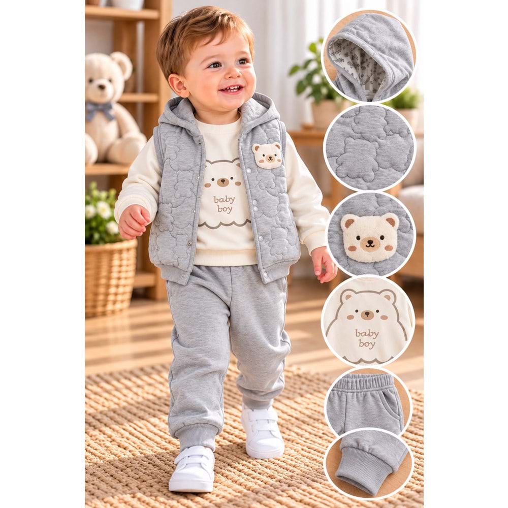 Baby Hi Ayıcıklı Şişme Yelekli Erkek Üçlü Takım 9-18 Aylık -DÜ649327 - GRİ