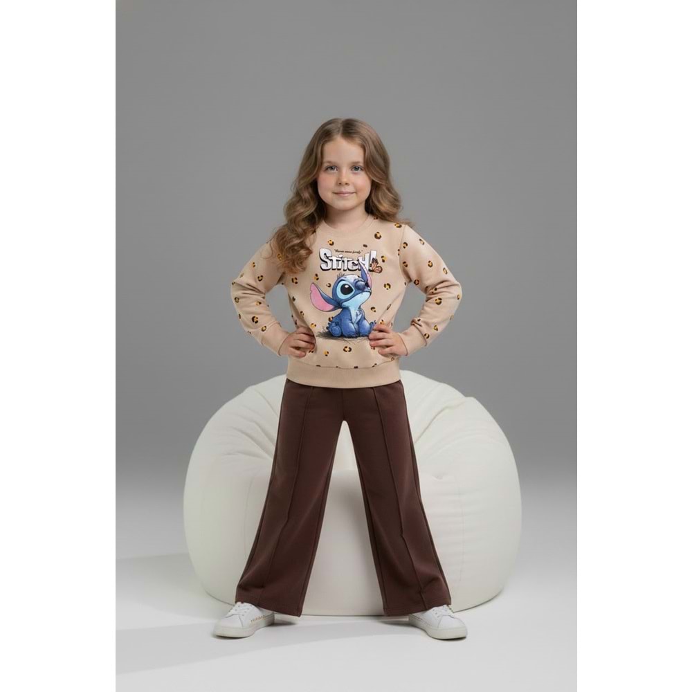 Serenad Kids Stıtch Kız Bol Paça Penye İkili Eşofman Takımı 3-10 Yaş -JE261049325 - KAHVERENGİ
