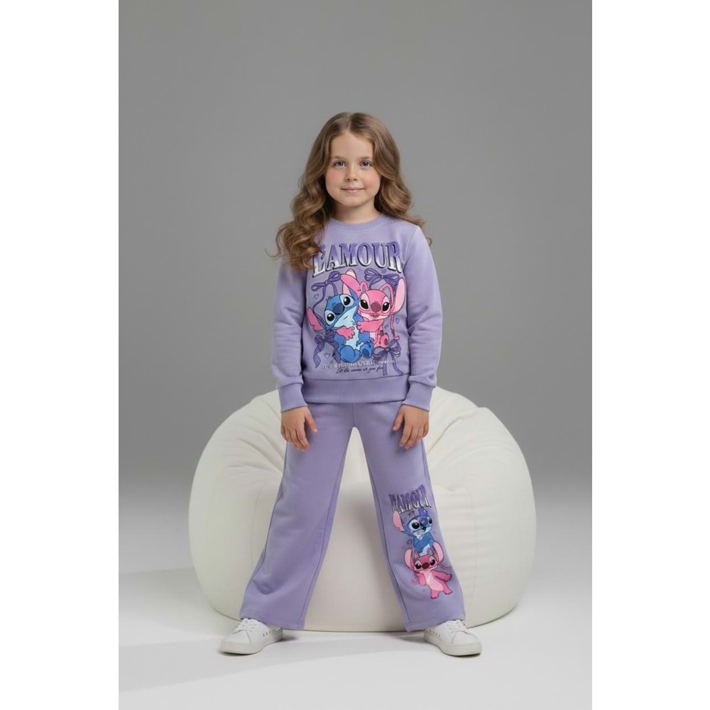 Serenad Kids Stıtch Kız Bol Paça Lamour Yazılı Penye İkili Eşofman Takımı 3-10 Yaş -JE261052325 - LİLA