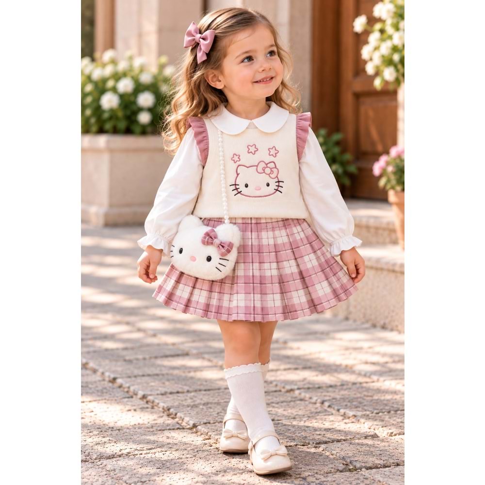 Lumia Baby Hello Kitty Nakışlı Triko Süveterli Çantalı Takım 2-5 Yaş -KAY4340560 - PEMBE