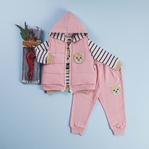 Hippıl Baby 5042-3310 Ayıcık Çizgili Yelekli 3lü Takım Pembe