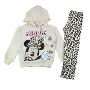 7308-2100 Kapşonlu Minnie Leopar 2li Eşofman Takım - BEJ