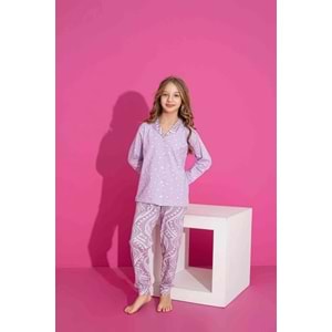 Tarık 6-13 Yaş Kız Çocuk Önden Düğmeli Pijama 3017250 - LİLA