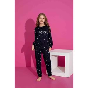 Tarık 10-15 Yaş Kız Çocuk Pijama Love Kalpli 2946250 - LACİVERT