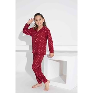 Tarık 5-9 Yaş Kız Çocuk Pijama Önden Düğmeli Puantiyeli 2900200 - BORDO