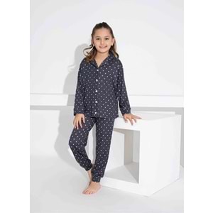 Tarık 5-9 Yaş Kız Çocuk Düğmeli Pijama Takımı 2900210 - LACİVERT