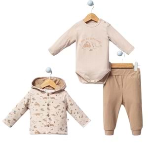 Dinozor Hırkalı 3lü Erkek Takım 3-12 Ay-3006326 - KAHVERENGİ