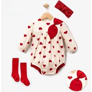 Cayzen Kız Çoraplı Büyük Kalpli Romper Tulum-1093252 - KIRMIZI