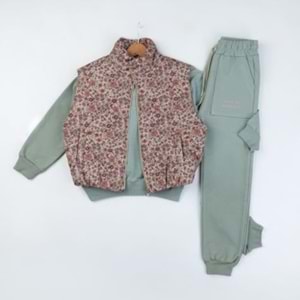 Yavrucak Çiçekli Yelekli 9-12 Yaş Kız 3lü Takım-7055648 - YEŞİL