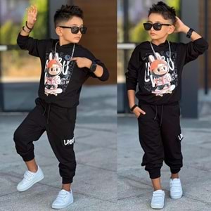 3-10 Yaş Erkek Labubu Baskılı Kapşonlu Eşofman Takım- 60293400 - SİYAH