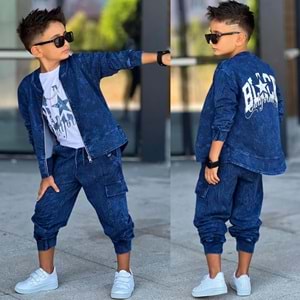 3-10 Yaş Erkek Black Yıkamalı 3lü Eşofman Takım- 2054650 - MAVİ