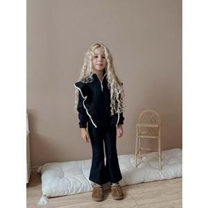 3-12 Yaş Fittili Şardonlu Kız Eşofman Takım- 7108400 - SİYAH