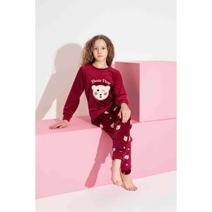 Tarık 5-9 Yaş Kız Çocuk Ayı Nakışlı Kadife Pijama Takımı 3121270 - BORDO