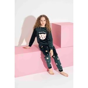 Tarık 5-9 Yaş Kız Çocuk Ayı Nakışlı Kadife Pijama Takımı 3121270 - YEŞİL
