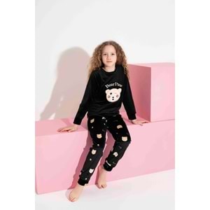 Tarık 10-15 Yaş Kız Çocuk Ayı Nakışlı Kadife Pijama Takımı 3122320 - SİYAH