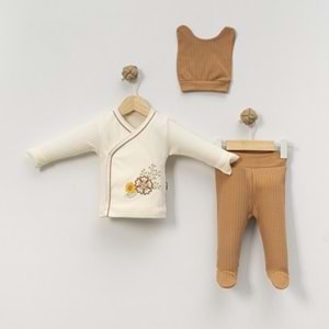 Babycan 9426 Çiçek Nakışlı Üçlü Yenidoğan Takım - AÇIK KAHVE