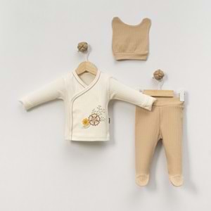 Babycan 9426 Çiçek Nakışlı Üçlü Yenidoğan Takım - BEJ