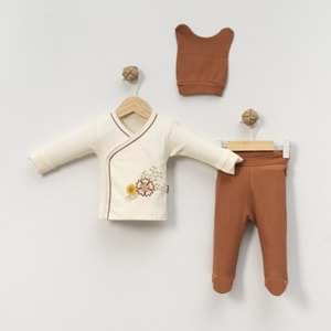 Babycan 9426 Çiçek Nakışlı Üçlü Yenidoğan Takım - KAHVERENGİ