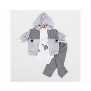 Babyim 2041 3-6-9 Erkek Ayıcıklı Hırkalı Bebek Takım - FÜME