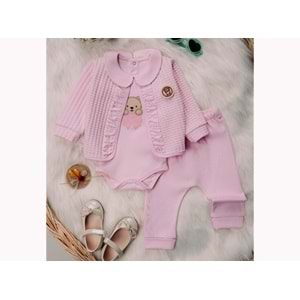 Mini Pakel 3-12 Aylık Kız Kapotineli Hırkalı Üçlü Takım-1389285 - PEMBE