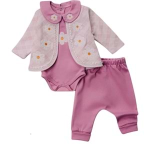 Mini Pakel 3-9 Aylık Kız Papatyalı Ceketli Üçlü Takım-1392300 - PEMBE