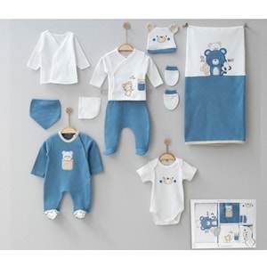 Cayzen Waffle Ayıcık Nakışlı 10 Parça Hastane Çıkışı 3002635 - MAVİ