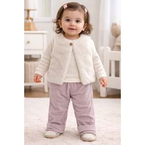 Kumru Çizgili Sweat Peluş Yelekli Kız 3 lü Takım 6-18 Aylık-4457342 - KREM