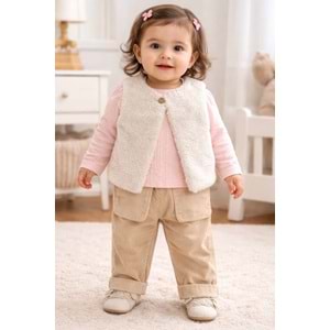 Kumru Çizgili Sweat Peluş Yelekli Kız 3 lü Takım 6-18 Aylık-4457342 - SOMON