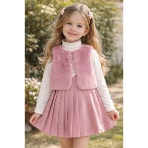 Lady Gold Peluş Yelekli Etekli Kız 3 Lü Takım 6-9 Yaş-6289556 - PEMBE