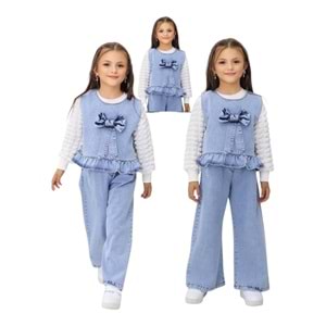 İncilay Kot Bol Paça Pantolon Ve Kot Yelekli 3 lü Takım 6-10 Yaş-2601478 - MAVİ