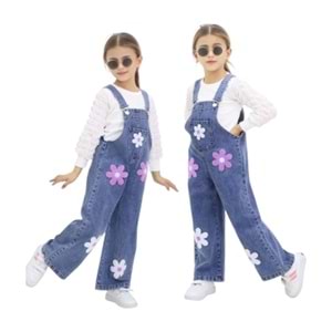 İncilay Çiçek Desenli Kot Tulum 3-7 Yaş-2653348 - MAVİ