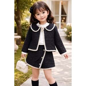 MixLife Yaka ve Ceketi Dantelli Şort Etekli 3 lü Takım 6-24 Aylık-6234370 - SİYAH