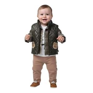 Canöz Bebe Şişme Yelekli Pati Nakışlı 3 Lü Erkek Takım 6-18 Aylık -5100819 - HAKİ YEŞİL