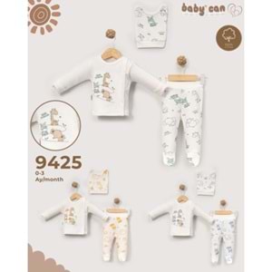 Babycan 9425 Erkek Zürafa Fil Desenli Üçlü Yenidoğan Takım - BEYAZ