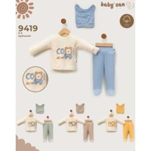 Babycan 9419 Erkek Cool Ayı Desenli Üçlü Yenidoğan Takım - MAVİ