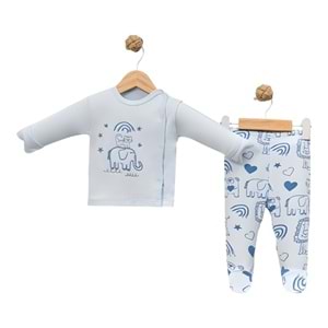 Babycan 9437 Kedi Fil Nakışlı Yenidoğan Üçlü Takım - MAVİ