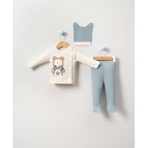 Babycan 9344 Erkek Ayıcık Nakışlı Yenidoğan Üçlü Takım - PETROL MAVİSİ