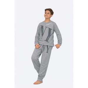 Tarık 11-16 Yaş Erkek Çocuk Pijama Takım NY Baskılı-4225310 - GRİ