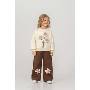 Harby Kids Çiçek Nakışlı Kız Pantolonlu İkili Takım 3-10 Yaş -103430 - BEJ