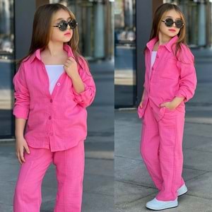 Müslin Gömlekli Atletli Kız 3 Lü Takım 5-14 Yaş -38005650 - PEMBE