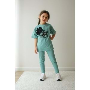 Jeliboom Çiçek Nakışlı Taytlı Kız 2 Li Takım 3-10 Yaş -6620220 - SU YEŞİLİ