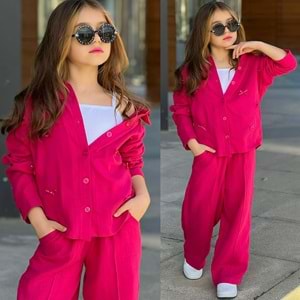 Müslin Gömlekli Atletli Fiyonk Desenli Kız 3 Lü Takım 5-14 Yaş -3805650 - KOYU PEMBE