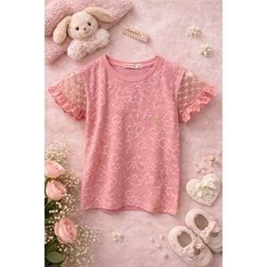 Pançiko Kendinden Çiçek Desenli Kız Tişört 5-12 Yaş -5100140 - PEMBE