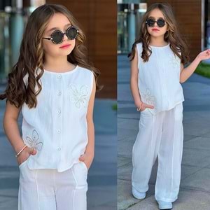 Bam Bam Çiçek Aksesuarlı Müslin Kız 2 li Takım5-14 Yaş -71141645 - BEYAZ