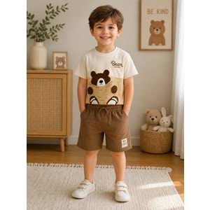 West Sky Ayıcık Baskılı Bear Nakışlı Penye Şortlu Takım 3-10 Yaş -8188240 - KAHVERENGİ